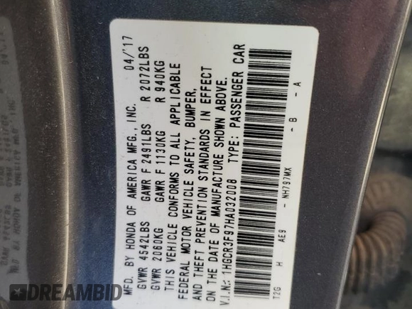 2017 Honda Accord Touring with VIN 1HGCR3F97HA032008, listed as a Copart auction lot 41824625 with 56,965 mi miles and Salvage title. Bid and sale history available at DreamBid. Image 12.