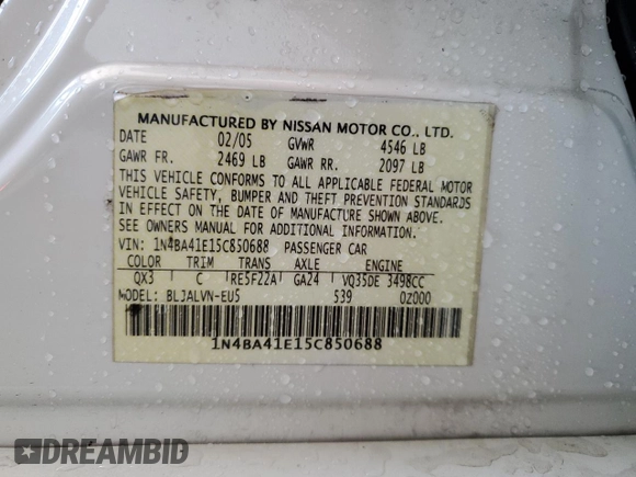 2005 Nissan Maxima 3.5 SL with VIN 1N4BA41E15C850688, listed as a Copart auction lot 75901264 with 50,045 mi miles and Salvage Title. Bid and sale history available at carsss.com. Image 12.