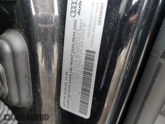 2005 Audi A8 L with VIN WAUML44E65N016605, listed as a Copart auction lot 86596774 with 161,385 mi miles and Clean Title. Bid and sale history available at carsss.com. Image 12.
