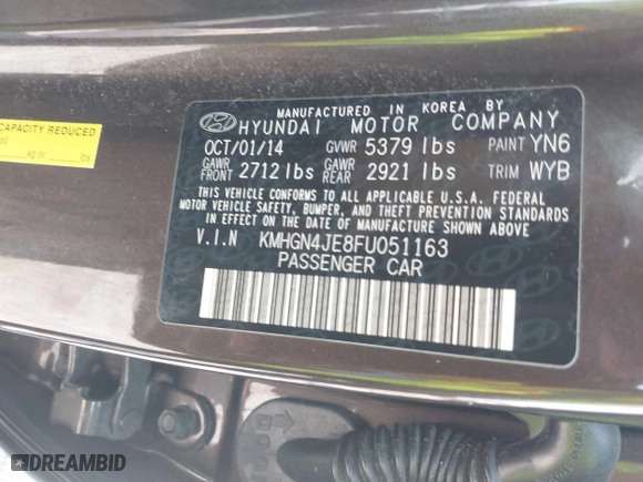 2015 Hyundai Genesis 3.8L with VIN KMHGN4JE8FU051163, listed as a IAAI auction lot 41937543 with 98,765 mi miles. Bid and sale history available at carsss.com. Image 9.