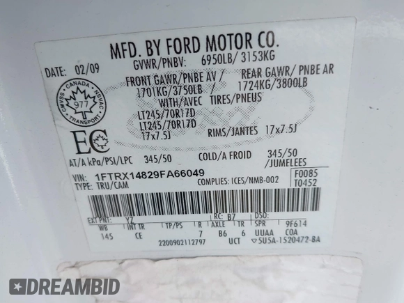 2009 Ford F-150 STX with VIN 1FTRX14829FA66049, listed as a IAAI auction lot 42111075 with 134,043 mi miles and . Bid and sale history available at DreamBid. Image 9.
