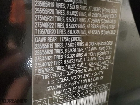 2019 Land Rover Range Rover HSE with VIN SALGS2SV5KA542486, listed as a Copart auction lot 44605685 with 37,986 mi miles and Salvage Title. Bid and sale history available at carsss.com. Image 13.