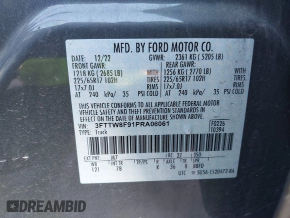 2023 Ford Maverick XL with VIN 3FTTW8F91PRA06061, listed as a IAAI auction lot 40733751 with Not provided miles and . Bid and sale history available at DreamBid. Image 9.