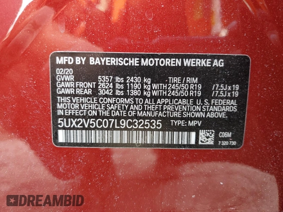 2020 BMW X4 M40i with VIN 5UX2V5C07L9C32535, listed as a Copart auction lot 44514375 with 52,004 mi miles and Non repairable. Bid and sale history available at DreamBid. Image 14.