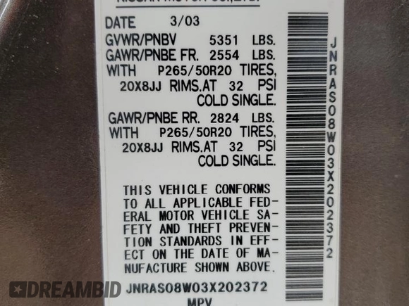 2003 Infiniti FX Options z VIN JNRAS08W03X202372, wystawiony jako Copart lot #46626995 z przebiegiem 124 061 mil mil oraz Szkoda całkowita • Salvage title. Historia ofert i sprzedaży dostępna na DreamBid. Obrazek 13.