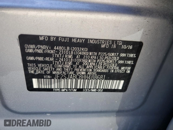 2017 Subaru Forester with VIN JF2SJABC8HH488681, listed as a Copart auction lot 52220455 with 86,793 mi miles and Salvage Title. Bid and sale history available at DreamBid. Image 13.