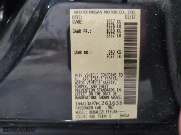 2017 Nissan Altima 2.5 SR with VIN 1N4AL3AP7HC261635, listed as a Copart auction lot 44928775 with 75,551 mi miles and Salvage Title. Bid and sale history available at carsss.com. Image 12.