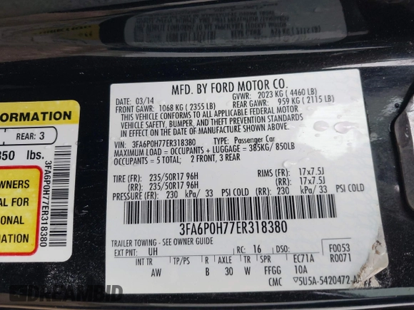2014 Ford Fusion SE with VIN 3FA6P0H77ER318380, listed as a IAAI auction lot 41540965 with 201,502 mi miles. Bid and sale history available at carsss.com. Image 9.