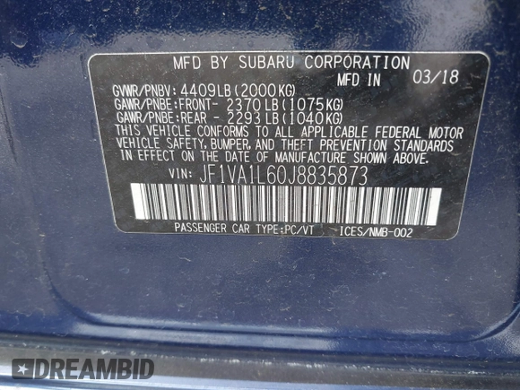 2018 Subaru WRX Limited with VIN JF1VA1L60J8835873, listed as a IAAI auction lot 42114196 with 74,076 mi miles and . Bid and sale history available at DreamBid. Image 9.