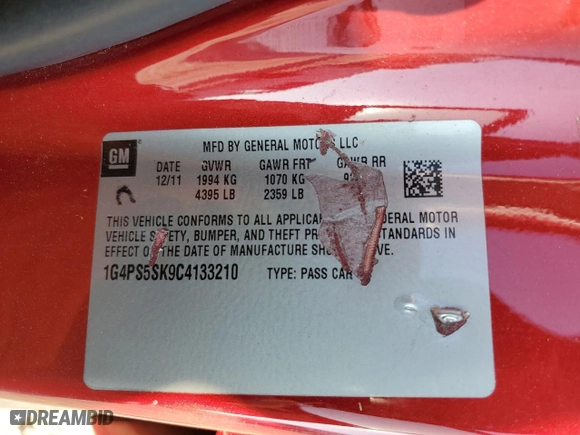 2012 Buick Verano Leather Group with VIN 1G4PS5SK9C4133210, listed as a Copart auction lot 43763135 with 0 mi miles and Salvage Title. Bid and sale history available at carsss.com. Image 12.