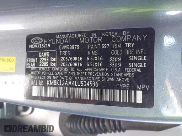 2020 Hyundai Kona SE with VIN KM8K12AA4LU504536, listed as a IAAI auction lot 41423007 with 114,187 mi miles and . Bid and sale history available at carsss.com. Image 9.