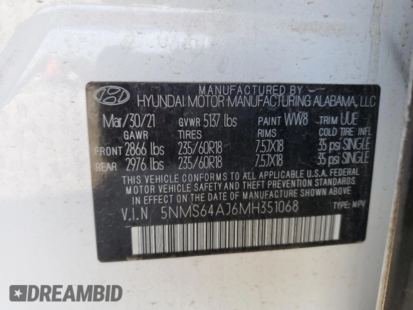 2021 Hyundai Santa Fe SEL z VIN 5NMS64AJ6MH351068, wystawiony jako Copart lot #52595535 z przebiegiem 46 092 mil mil oraz Szkoda całkowita • Salvage title. Historia ofert i sprzedaży dostępna na DreamBid. Obrazek 15.