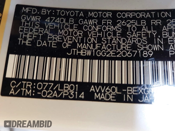 2014 Lexus ES 300h with VIN JTHBW1GG2E2067189, listed as a IAAI auction lot 42404843 with 182,798 mi miles and . Bid and sale history available at DreamBid. Image 9.
