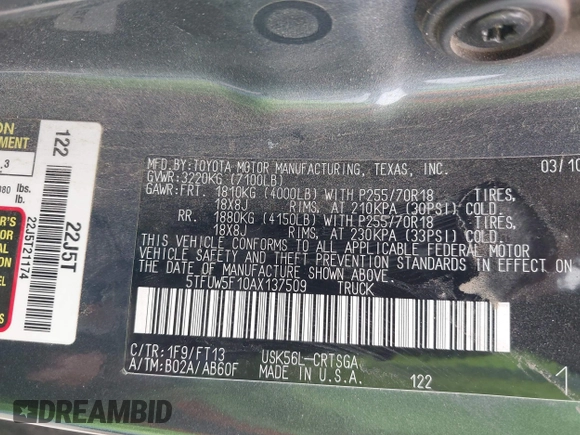 2010 Toyota Tundra z VIN 5TFUW5F10AX137509, wystawiony jako IAAI lot #42061138 z przebiegiem 139 128 mil mil oraz . Historia ofert i sprzedaży dostępna na DreamBid. Obrazek 9.