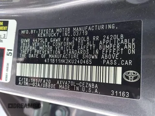 2019 Toyota Camry LE with VIN 4T1B11HK2KU240465, listed as a IAAI auction lot 42095075 with 67,852 mi miles and . Bid and sale history available at DreamBid. Image 9.