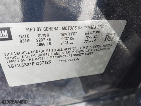 2015 Chevrolet Impala LTZ with VIN 2G1165S31F9237126, listed as a IAAI auction lot 41871382 with 20,286 mi miles. Bid and sale history available at carsss.com. Image 9.