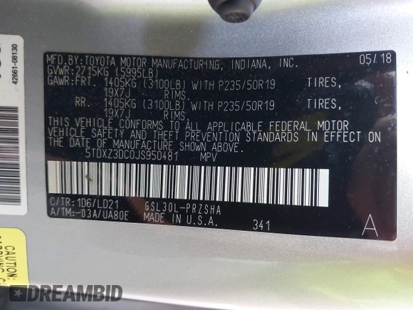 2018 Toyota Sienna SE with VIN 5TDXZ3DC0JS950481, listed as a IAAI auction lot 42404211 with 87,697 mi miles and . Bid and sale history available at DreamBid. Image 9.