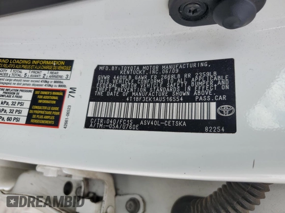2010 Toyota Camry z VIN 4T1BF3EK1AU516554, wystawiony jako Copart lot #57699885 z przebiegiem 170 135 mil mil oraz Szkoda całkowita • Salvage title. Historia ofert i sprzedaży dostępna na DreamBid. Obrazek 12.