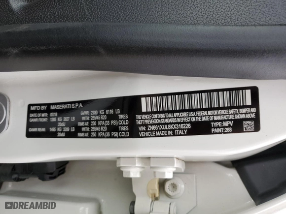 2019 Maserati Levante GranLusso with VIN ZN661XUL8KX316226, listed as a Copart auction lot 47082085 with 55,708 mi miles and Salvage Title. Bid and sale history available at carsss.com. Image 16.