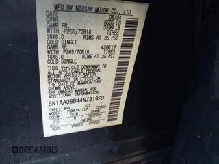 2004 Nissan Armada LE z VIN 5N1AA08B44N731929, wystawiony jako IAAI lot #41382572 z przebiegiem Nie podano mil oraz . Historia ofert i sprzedaży dostępna na DreamBid. Obrazek 9.