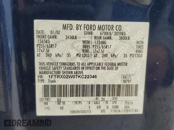 2007 Ford F-150 STX with VIN 1FTRX02W07KC22346, listed as a Copart auction lot 42942555 with 253,980 mi miles and Salvage Title. Bid and sale history available at carsss.com. Image 15.