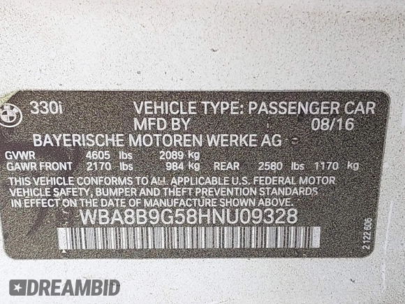 2017 BMW 3 Series 330i with VIN WBA8B9G58HNU09328, listed as a IAAI auction lot 41965409 with 54,962 mi miles. Bid and sale history available at carsss.com. Image 9.