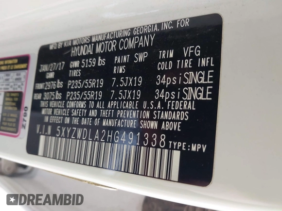 2017 Hyundai Santa Fe Ultimate with VIN 5XYZWDLA2HG491338, listed as a IAAI auction lot 42590671 with 114,521 mi miles and . Bid and sale history available at DreamBid. Image 9.