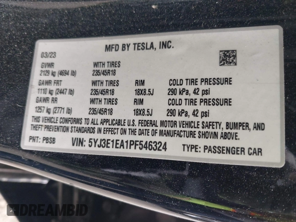 2023 Tesla Model 3 z VIN 5YJ3E1EA1PF546324, wystawiony jako IAAI lot #42103745 z przebiegiem 33 284 mil mil oraz . Historia ofert i sprzedaży dostępna na DreamBid. Obrazek 9.