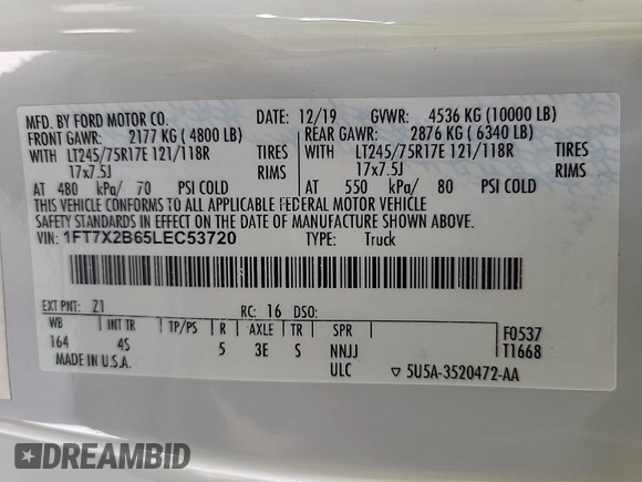 2020 Ford F-250 XL with VIN 1FT7X2B65LEC53720, listed as a IAAI auction lot 42836279 with 125,668 mi miles and . Bid and sale history available at DreamBid. Image 45.