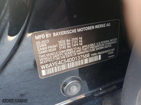 2013 BMW 7 Series 740Li with VIN WBAYE4C54DD137568, listed as a Copart auction lot 43586685 with 181,796 mi miles and Clean Title. Bid and sale history available at carsss.com. Image 12.