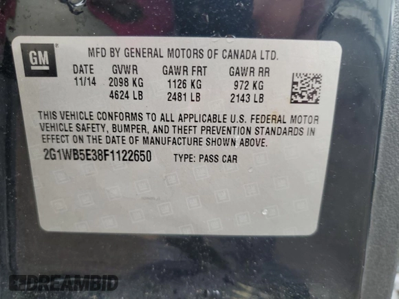 2015 Chevrolet Impala LT with VIN 2G1WB5E38F1122650, listed as a Copart auction lot 55260275 with 188,626 mi miles and Salvage Title. Bid and sale history available at DreamBid. Image 12.