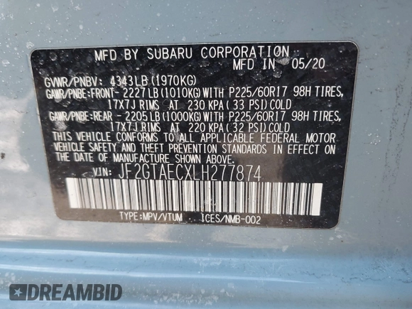 2020 Subaru Crosstrek Premium with VIN JF2GTAECXLH277874, listed as a IAAI auction lot 41525415 with 74,158 mi miles and . Bid and sale history available at DreamBid. Image 9.