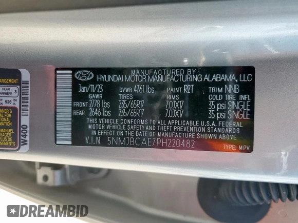 2023 Hyundai Tucson SEL with VIN 5NMJBCAE7PH220482, listed as a Copart auction lot 61783325 with 35,764 mi miles and Salvage title. Bid and sale history available at DreamBid. Image 13.