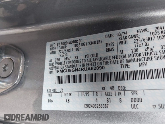 2024 Ford Escape Active with VIN 1FMCU9GN4RUA62090, listed as a IAAI auction lot 41738866 with 6,560 mi miles. Bid and sale history available at carsss.com. Image 9.