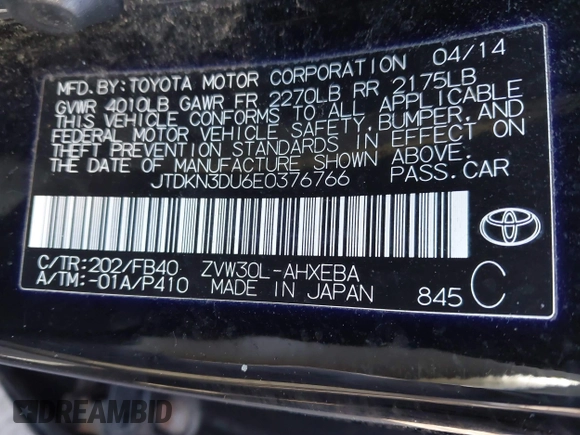 2014 Toyota Prius Four with VIN JTDKN3DU6E0376766, listed as a IAAI auction lot 41800757 with 103,017 mi miles. Bid and sale history available at carsss.com. Image 9.