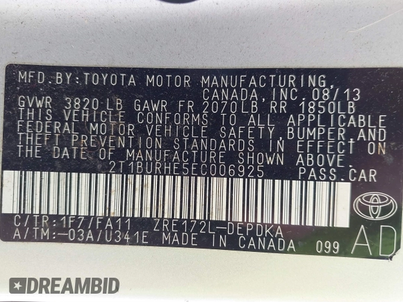 2014 Toyota Corolla L with VIN 2T1BURHE5EC006925, listed as a IAAI auction lot 40917569 with 130,761 mi miles and . Bid and sale history available at DreamBid. Image 9.