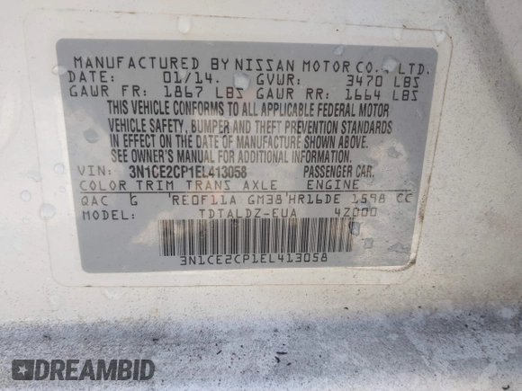 2014 Nissan Note SV with VIN 3N1CE2CP1EL413058, listed as a IAAI auction lot 41446489 with 105,474 mi miles and . Bid and sale history available at DreamBid. Image 9.