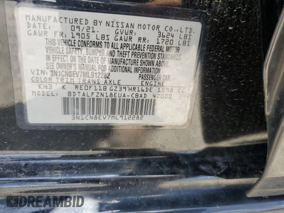 2021 Nissan Versa SV with VIN 3N1CN8EV7ML912282, listed as a Copart auction lot 58038755 with 65,525 mi miles and Salvage title. Bid and sale history available at DreamBid. Image 12.