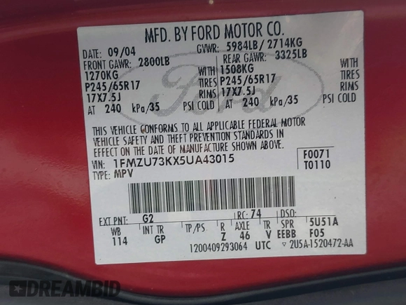 2005 Ford Explorer XLT with VIN 1FMZU73KX5UA43015, listed as a IAAI auction lot 42596084 with 181,847 mi miles and . Bid and sale history available at DreamBid. Image 9.
