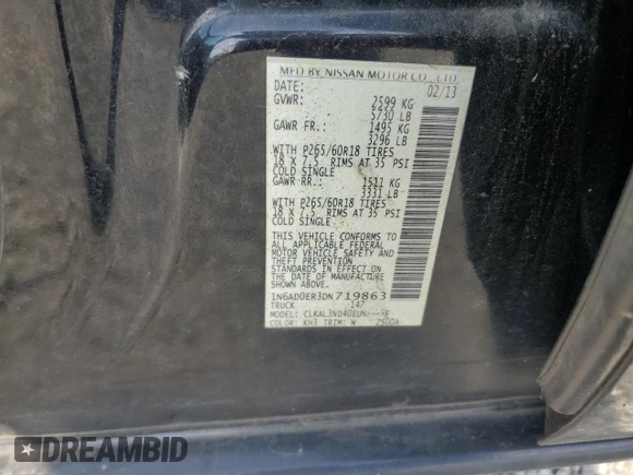 2013 Nissan Frontier SL with VIN 1N6AD0ER3DN719863, listed as a Copart auction lot 54426925 with 164,053 mi miles and Salvage title. Bid and sale history available at DreamBid. Image 12.