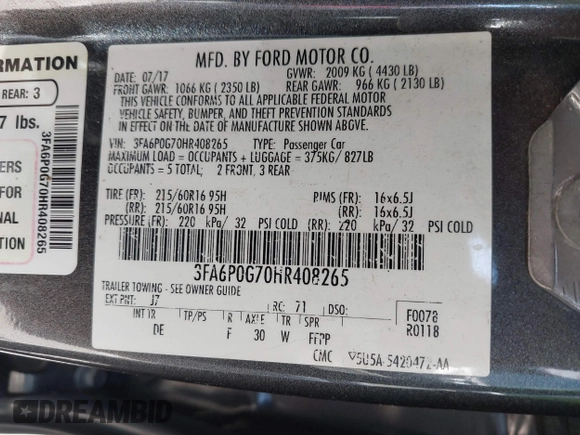 2017 Ford Fusion S with VIN 3FA6P0G70HR408265, listed as a IAAI auction lot 41978119 with 136,796 mi miles. Bid and sale history available at carsss.com. Image 9.