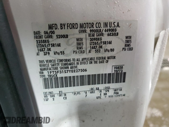 2000 Ford F-350 XL with VIN 1FTSF31S7YEE27506, listed as a Copart auction lot 45868425 with 35,736 mi miles and Salvage Title. Bid and sale history available at DreamBid. Image 12.