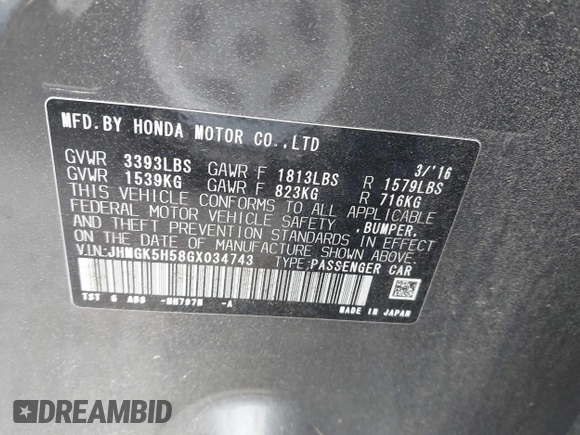 2016 Honda Fit LX with VIN JHMGK5H58GX034743, listed as a IAAI auction lot 42113760 with 98,283 mi miles and . Bid and sale history available at DreamBid. Image 9.