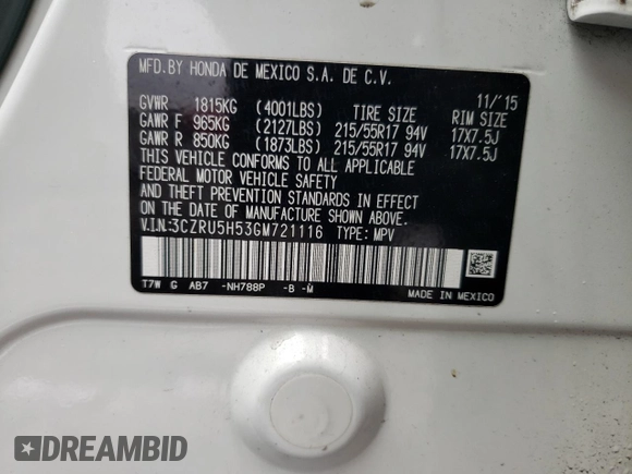 2016 Honda HR-V EX with VIN 3CZRU5H53GM721116, listed as a Copart auction lot 49195565 with 120,455 mi miles and Salvage Title. Bid and sale history available at carsss.com. Image 12.