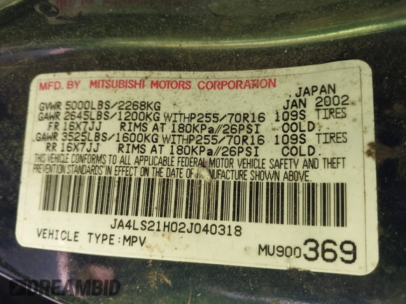 2002 Mitsubishi Montero ES z VIN JA4LS21H02J040318, wystawiony jako IAAI lot #41272566 z przebiegiem 278 339 mil mil oraz . Historia ofert i sprzedaży dostępna na DreamBid. Obrazek 9.
