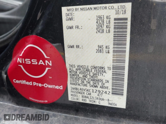 2019 Nissan Altima SL with VIN 1N4BL4EV5KC129242, listed as a IAAI auction lot 41946613 with 120,006 mi miles and . Bid and sale history available at DreamBid. Image 9.