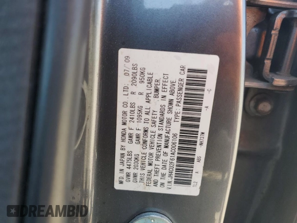 2010 Acura TSX with VIN JH4CU2F61AC006106, listed as a Copart auction lot 65213035 with 171,676 mi miles and Salvage title. Bid and sale history available at DreamBid. Image 13.