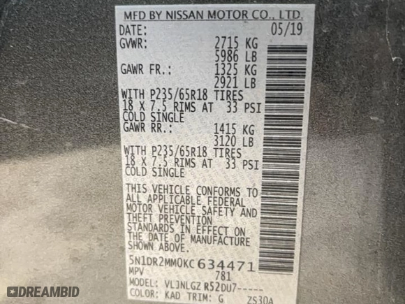 2019 Nissan Pathfinder SV with VIN 5N1DR2MM0KC634471, listed as a Copart auction lot 49130525 with 101,938 mi miles and Clean Title. Bid and sale history available at carsss.com. Image 14.