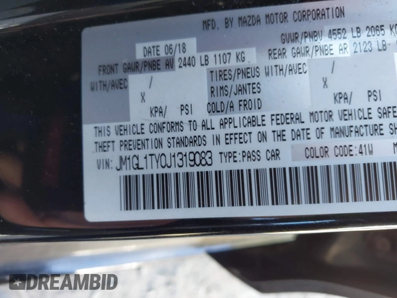 2018 Mazda 6 Grand Touring with VIN JM1GL1TY0J1319083, listed as a IAAI auction lot 40852818 with 57,408 mi miles and . Bid and sale history available at DreamBid. Image 9.