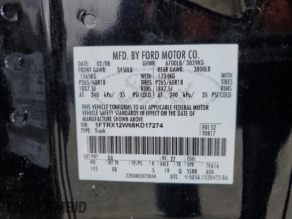 2008 Ford F-150 STX with VIN 1FTRX12W68KD17274, listed as a Copart auction lot 54899125 with 290,671 mi miles and Clean Title. Bid and sale history available at carsss.com. Image 12.